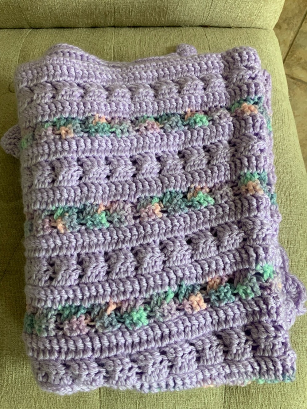 Handmade Soft Lavender Crochet Blanket with Pastel Accents